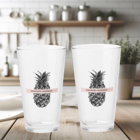 Watercolor Pink & Grey Pineapple | Your  Name Glass