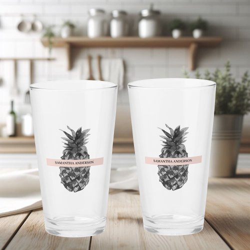 Watercolor Pink  Grey Pineapple  Your  Name Glass