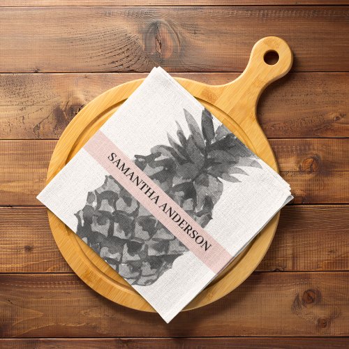 Watercolor Pink  Grey Pineapple  Your  Name Kitchen Towel