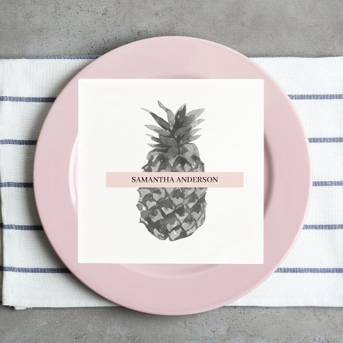 Watercolor Pink  Grey Pineapple  Your  Name Napkins