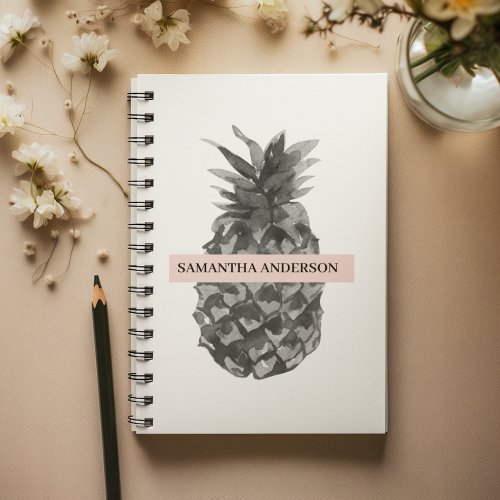 Watercolor Pink  Grey Pineapple  Your  Name Notebook