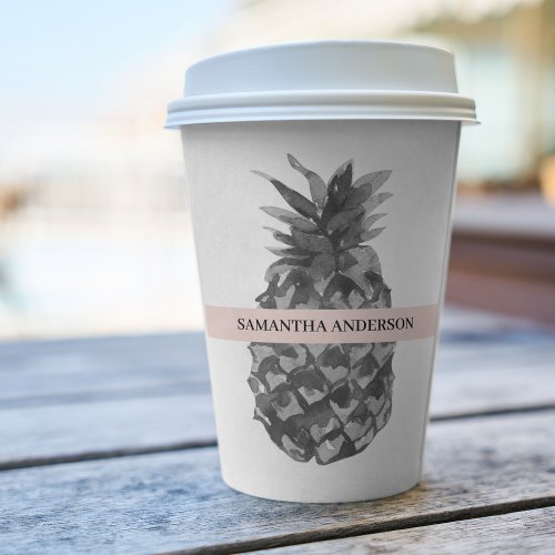 Watercolor Pink  Grey Pineapple  Your  Name Paper Cups