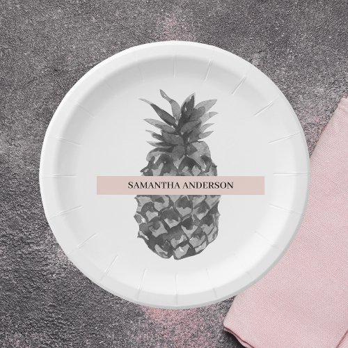 Watercolor Pink  Grey Pineapple  Your  Name Paper Plates