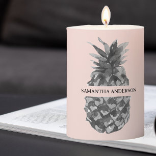 Watercolor Pink & Grey Pineapple Your Name Pillar Candle