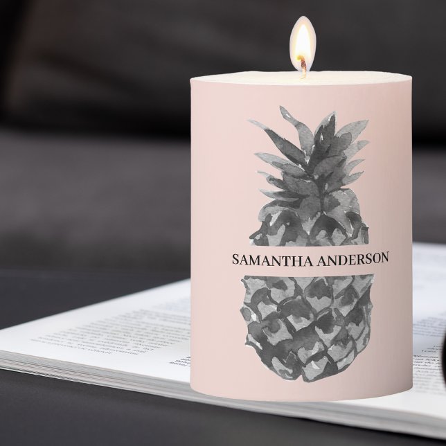 Watercolor Pink & Grey Pineapple | Your  Name Pillar Candle (Creator Uploaded)