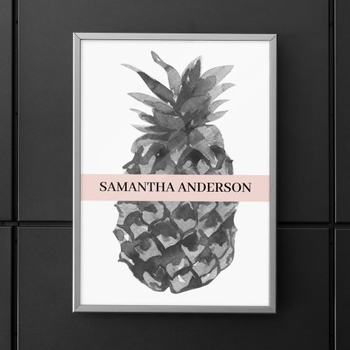 Watercolor Pink  Grey Pineapple  Your  Name Poster