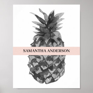 Watercolor Pink & Grey Pineapple   Your  Name Poster