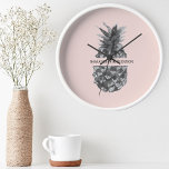 Watercolor Pink & Grey Pineapple | Your  Name Round Clock<br><div class="desc">Watercolor Pink & Grey Pineapple | Your  Name</div>