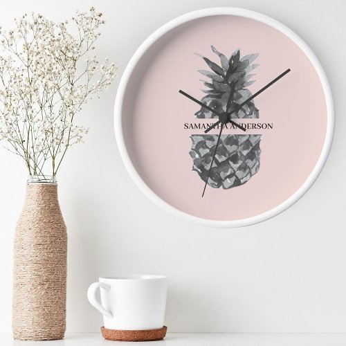 Watercolor Pink  Grey Pineapple  Your  Name Round Clock