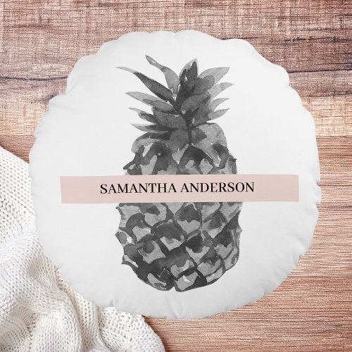 Watercolor Pink  Grey Pineapple  Your  Name Round Pillow