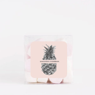 Watercolor Pink & Grey Pineapple Your Name Square Sticker