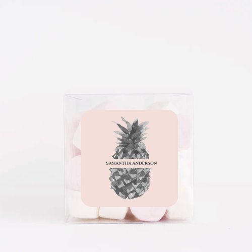 Watercolor Pink  Grey Pineapple  Your  Name Square Sticker