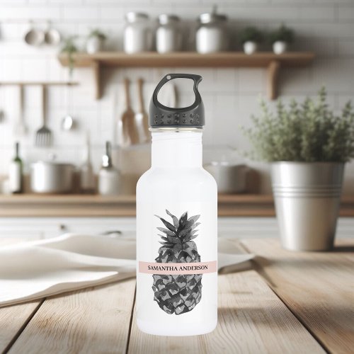 Watercolor Pink  Grey Pineapple  Your  Name Stainless Steel Water Bottle