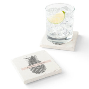 Watercolor Pink & Grey Pineapple | Your  Name Stone Coaster