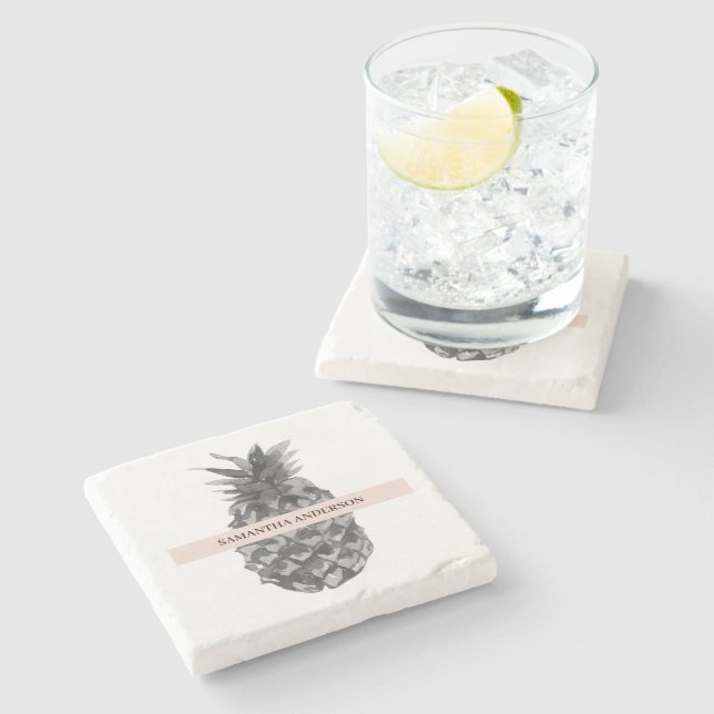 Watercolor Pink & Grey Pineapple | Your  Name Stone Coaster (Side)
