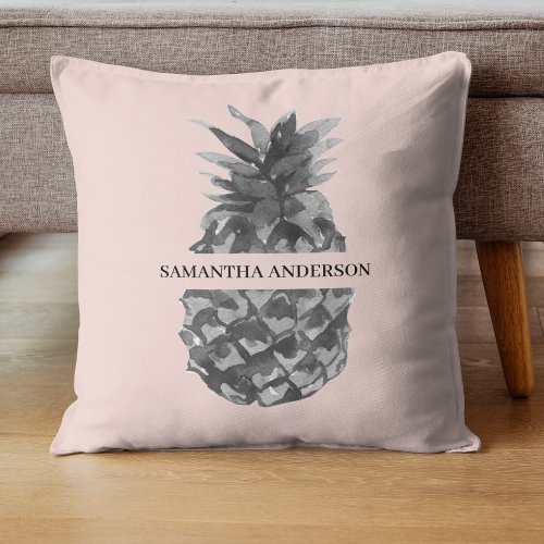 Watercolor Pink  Grey Pineapple  Your  Name Throw Pillow