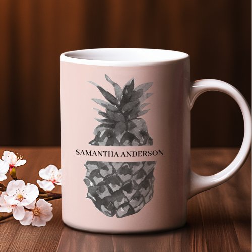 Watercolor Pink  Grey Pineapple  Your  Name Two_Tone Coffee Mug