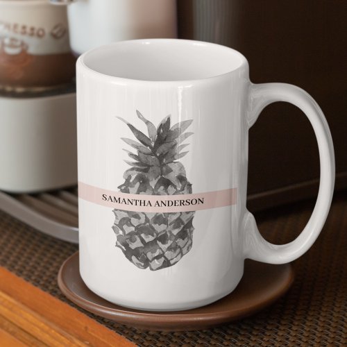 Watercolor Pink  Grey Pineapple  Your  Name Two_Tone Coffee Mug
