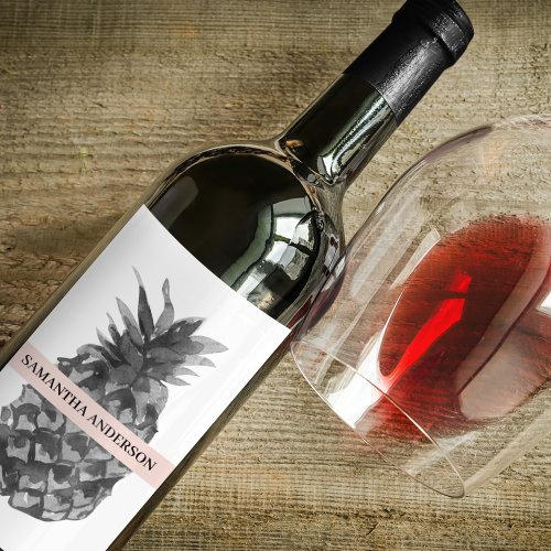 Watercolor Pink  Grey Pineapple  Your  Name Wine Label