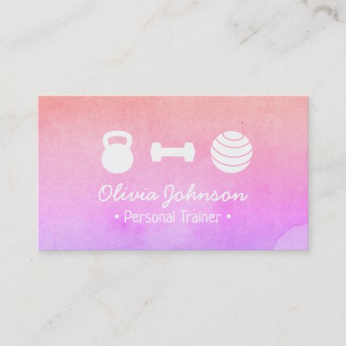 Watercolor Pink Health Fitness Personal Trainer Business Card