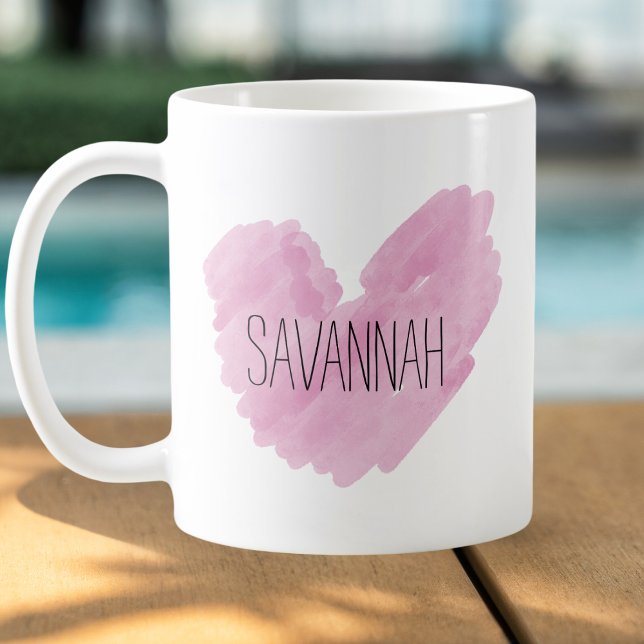 Watercolor Pink Heart Customizable Name Coffee Mug (Creator Uploaded)