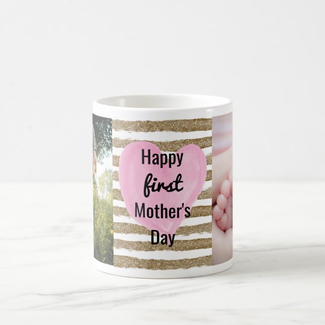 Watercolor Pink Heart Gold Photo 1st Mother's Day Coffee Mug (Center)