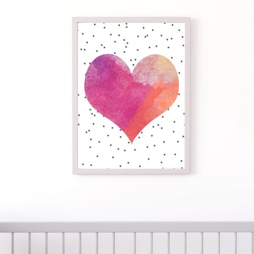 Watercolor Pink Heart Grey Polka Dot Nursery Poster