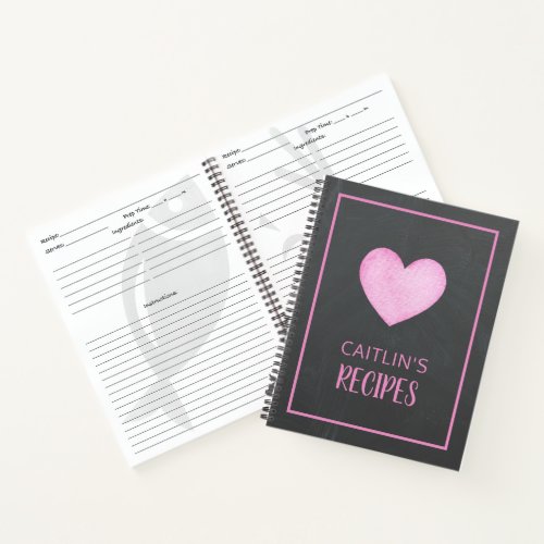Watercolor Pink Heart Personalized Recipe Notebook
