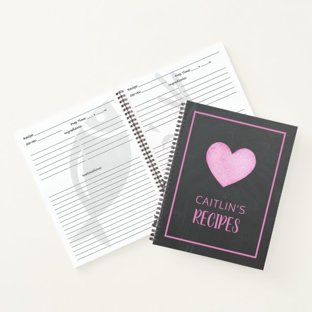 Watercolor Pink Heart Personalized Recipe Notebook (Inside)