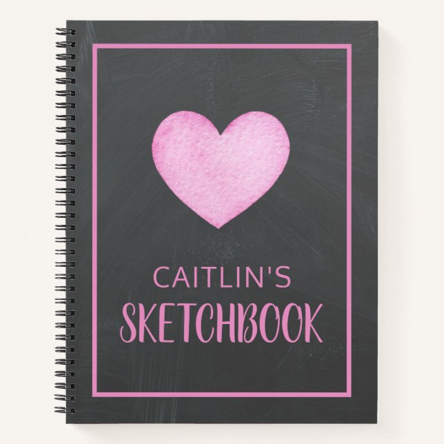 Watercolor Pink Heart Personalized Sketchbook Notebook (Front)