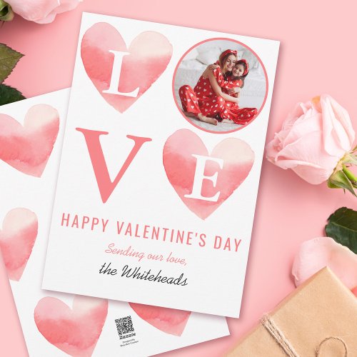 Watercolor Pink Heart Photo Valentines Holiday Card