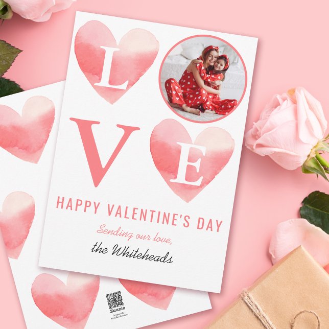 Watercolor Pink Heart Photo Valentine's Holiday Card (Send some love this Valentine's Day to your family and friends with this watercolor heart design.)