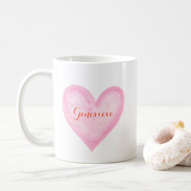 Watercolor Pink Heart with personalized name cute Coffee Mug (With Donut)