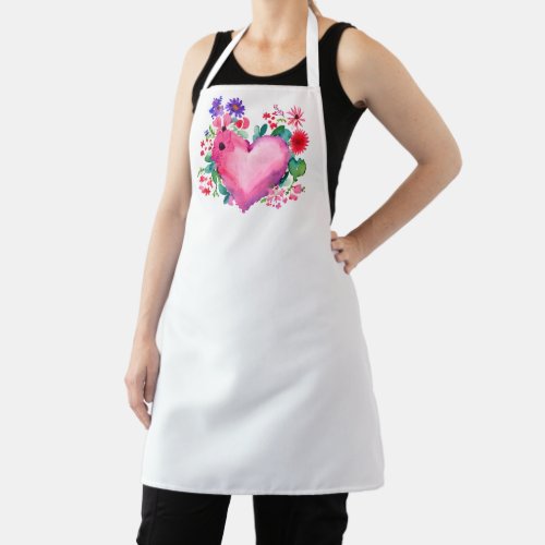 Watercolor Pink Heart with Wildflowers Valentines  Apron