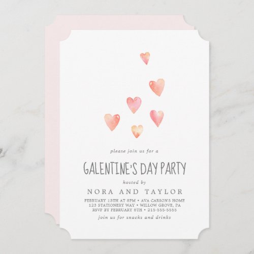 Watercolor Pink Hearts Galentines Day Party Invitation