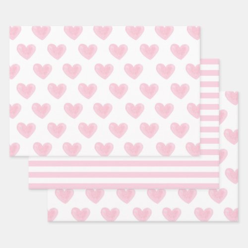 Watercolor pink hearts Love Blush Valentines Wrapping Paper Sheets