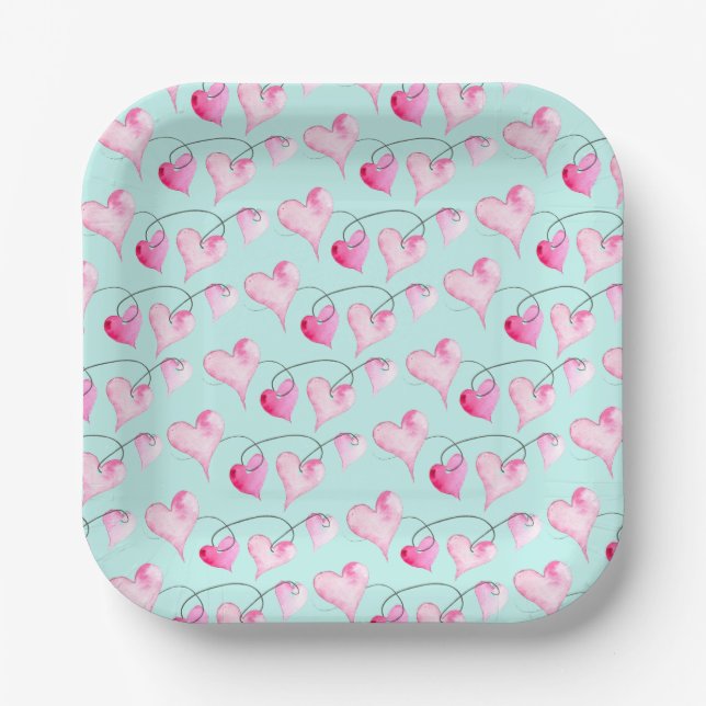 Watercolor Pink Hearts Paper Plates (Front)