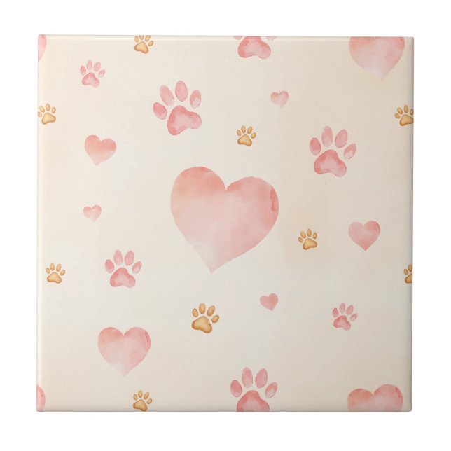 Watercolor Pink Hearts & Paw Prints Pattern Ceramic Tile (Front)