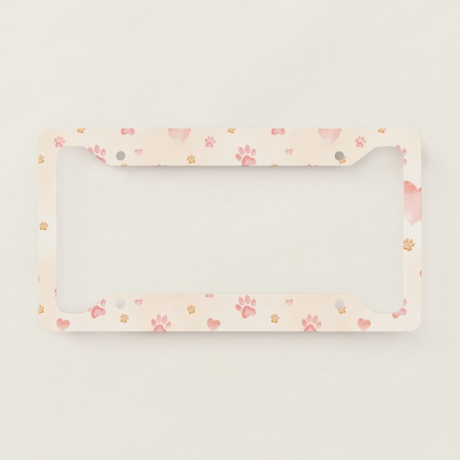 Watercolor Pink Hearts & Paw Prints Pattern License Plate Frame (Front)