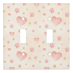Watercolor Pink Hearts & Paw Prints Pattern Light Switch Cover