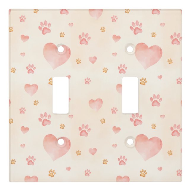 Watercolor Pink Hearts & Paw Prints Pattern Light Switch Cover (Front)
