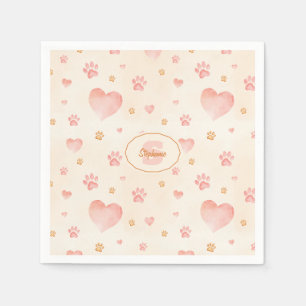 Watercolor Pink Hearts & Paw Prints Pattern Napkins