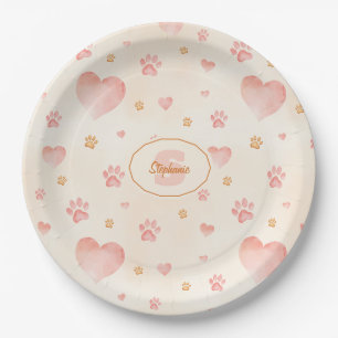 Watercolor Pink Hearts & Paw Prints Pattern Paper Plates