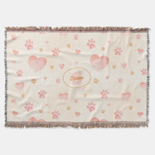 Watercolor Pink Hearts & Paw Prints Pattern Throw Blanket