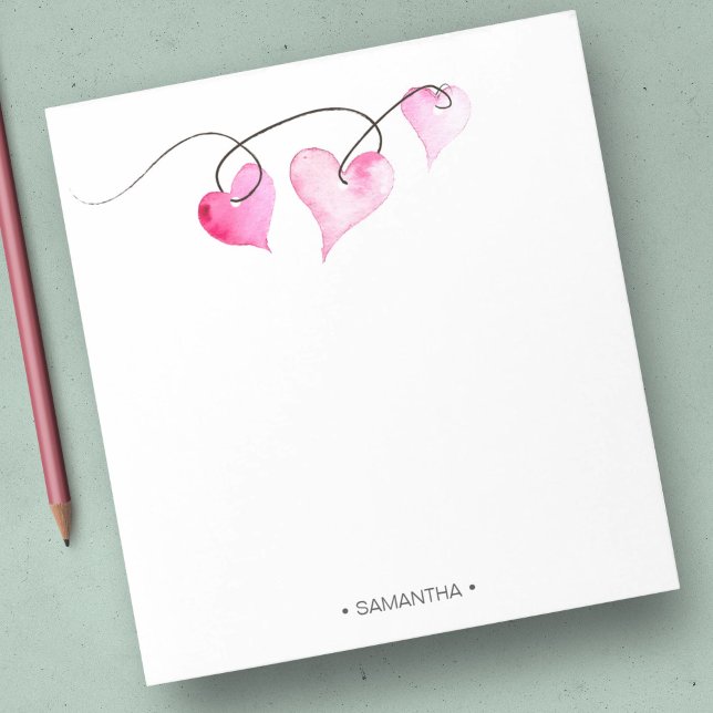 Watercolor Pink Hearts Personalized Stationery Notepad (Valentine's personalized notepads features unique hearts watercolor art by Victoria Grigaliunas)