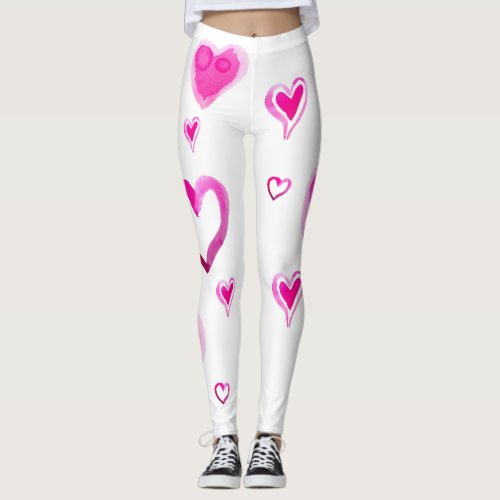 Watercolor Pink Hearts Valentines Day Leggings
