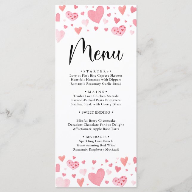 Watercolor Pink Hearts Valentines Day Menu Card (Front)