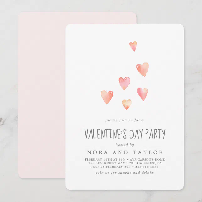Watercolor Pink Hearts Valentine's Day Party Invitation | Zazzle