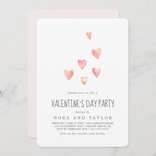 Watercolor Pink Hearts Valentines Day Party Invitation