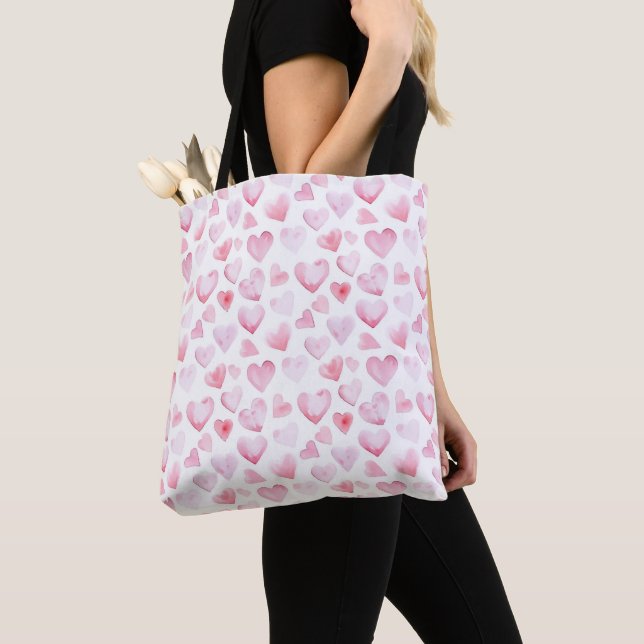 Watercolor Pink Hearts Valentine's Day  Tote Bag (Close Up)